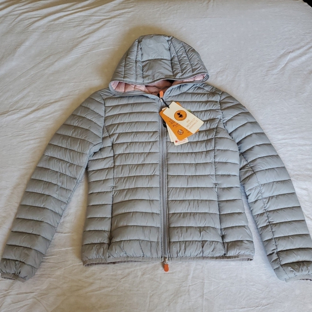 Save The Duck Giga Hooded Puffer Jacket Opal Gray - Women’s Size 2/M